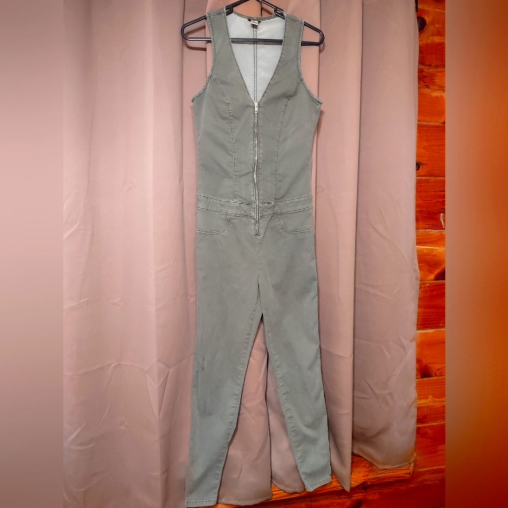 Guess Olive Green Sleeveless Zip-Front Jumpsuit